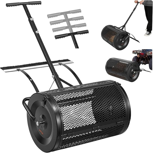 VEVOR Compost Spreader, 24" Wide Peat Moss Spreader with Push/Tow Handle & Brush, 4 Heights Adjustable, Powder-Coated Steel Garden Peat Moss Roller, Heavy Duty Grass Seed Roller for Planting Seeding