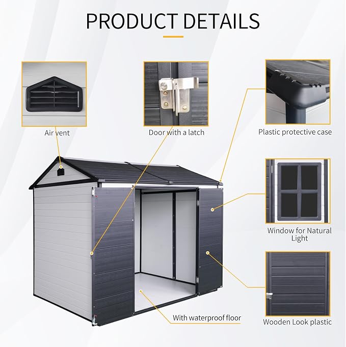 PVWIIK 8x6 ft Resin Outdoor Storage Shed with Floor & Window, Lockable Waterproof All-Weather Utility Shed for Garden Tools & Trash Bins, Black-White