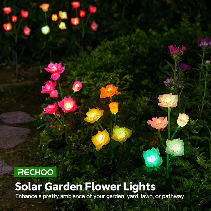 RECHOO Solar Garden Lights Outdoor, 10 Pack Solar Flower Lights with 50 Rose Flowers, Multi-Color Changing LED Waterproof Garden Decor for Landscape Pathway, Gifts for Women