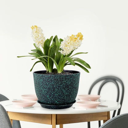 Meowell 12 inch Large Plant Pots, Plastic Planters with Drainage Holes and Saucers, Flower Pots for Indoor Outdoor Plants, Decorative Pots for Garden House Plants, Black with Green Speckles