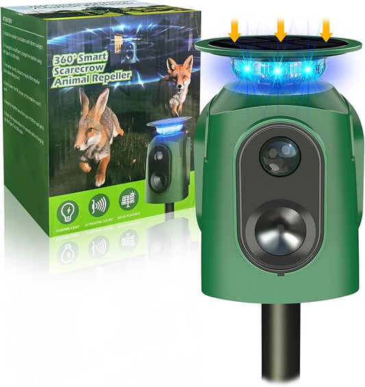Upgraded Solar Ultrasonic Animal Repellent,360° Cat Repellent Outdoor with Motion Sensor,IP65 Waterproof Dog Repeller with Flash Light to Drive Away Rabbit Deer Squirrel Skunk for Yard Garden Lawn