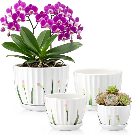 4 Pack Ceramic Orchid Pots with Drainage Holes and Tray 3.35+4.33+5.51+6.61 Inch Ceramic Plant Pot White Garden Planter for Indoor Outdoor Home Decor Gifts for Plant Lovers