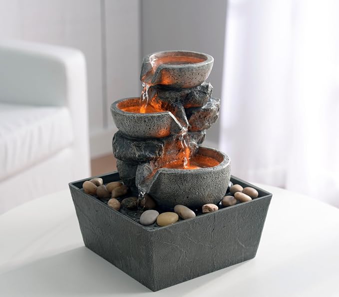 Haobos Decorative Indoor Fountain 3-Bowl Rockery Soothing Sound Tabletop Fountains Home/Office Decor with Led Light/Some Cobblestones(1556A)
