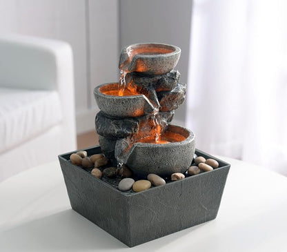 Haobos Decorative Indoor Fountain 3-Bowl Rockery Soothing Sound Tabletop Fountains Home/Office Decor with Led Light/Some Cobblestones(1556A)