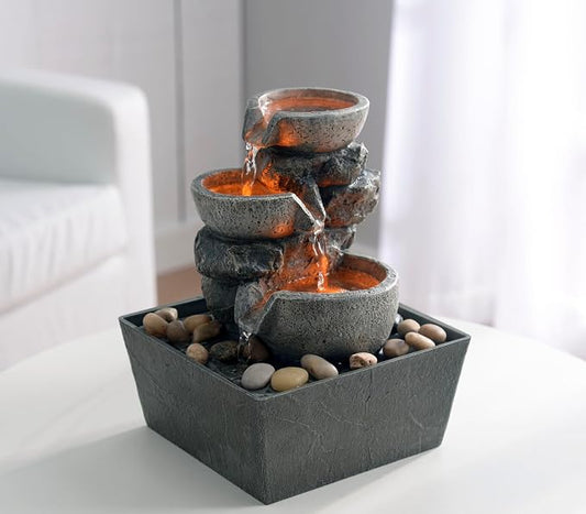 Haobos Decorative Indoor Fountain 3-Bowl Rockery Soothing Sound Tabletop Fountains Home/Office Decor with Led Light/Some Cobblestones(1556A)