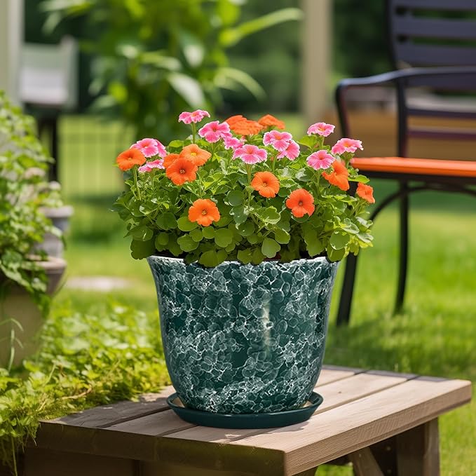 Ceramic Planter - 12 Inch Pots for Plants with Drainage Hole and Saucer, Round Planter for Indoor Outdoor, Large Plant Pot, Modern Planters, Garden Patio Decor, House Warming Gifts, Green