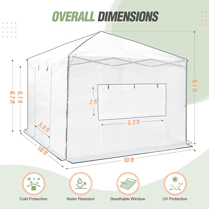 EAGLE PEAK 10x10 Portable Walk in Greenhouse, Pop Up Indoor Outdoor Greenhouse, Green House Kit with Zippered Roll-Up Doors and Windows, PE Cover, Clear/White