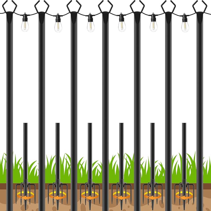 7 Pack 10 FT String Light Poles,Metal with Fork Lights Poles for Outdoor String Light, Rustproof Heavy Duty for Outside Garden,Patio,Wedding,Backyard,Deck,Party