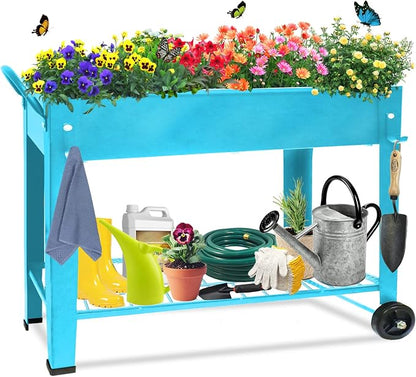 Raised Planter Box Beds with Wheels Legs, Elevated Garden Bed for Indoor Outdoor, Large Metal Mobile Planter Box with Bottom Shelf for Storing Tools for Vegetables Flower Herb Patio(Blue)