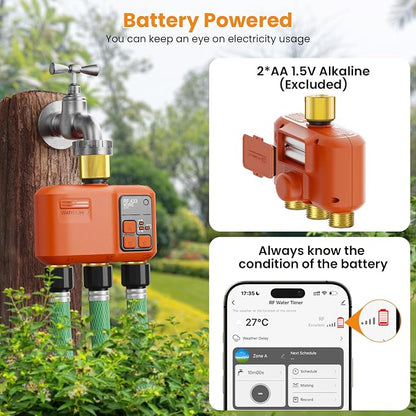WiFi Water Timer for Garden Hose 3‑Zone, Smart Hose Timer with 984ft Long‑Range & Strong Wall‑Penetration, APP & Control,Voice Control, Rain Delay & Manual Mode, Brass Inlet & Outlet