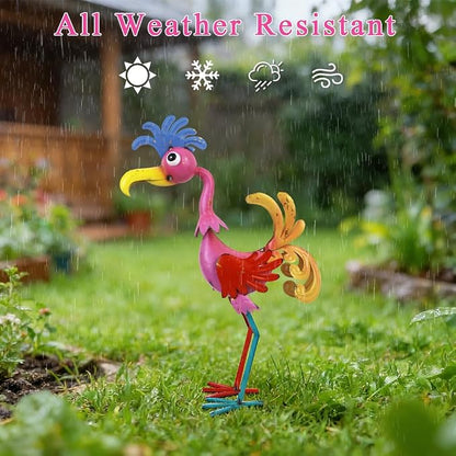 20'' Tall Metal Rooster Statue for Farmhouse, Lawn, Garden | Funny Rooster Sculpture Garden Decor, Metal Yard Art, Pink