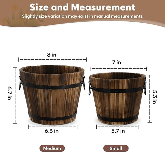 Wooden Barrel Planters, 8 inch 7 inch Plant Pot with Drainage Holes for Indoor Plants Decor, Set of 2