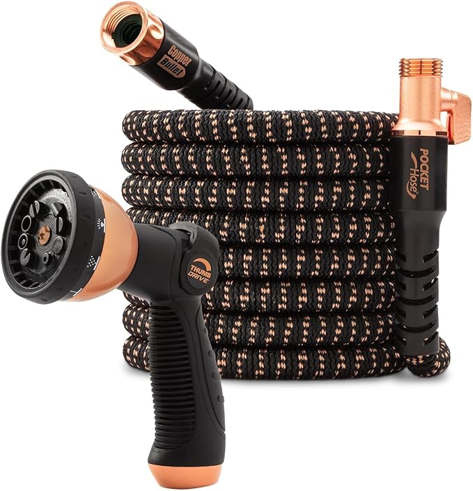 Pocket Hose 75 FT Copper Bullet Expandable Garden Hose w/10 Pattern Thumb Spray Nozzle AS SEEN ON TV 650psi 3/4 in Patented Lead-Free Ultra-Lightweight Solid Copper Anodized Aluminum | 10 pattern thumb spray nozzle, anti-burst upto 650 psi, 3/4 in, lea...