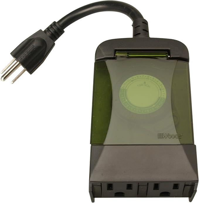 Southwire Woods Outdoor 24-Hour Plug-In Mechanical Timer - Energy-Saving Convenience - Dual Grounded Outlets - Programmable Daily Settings - Weatherproof Design - 6-Inch Cord - Black