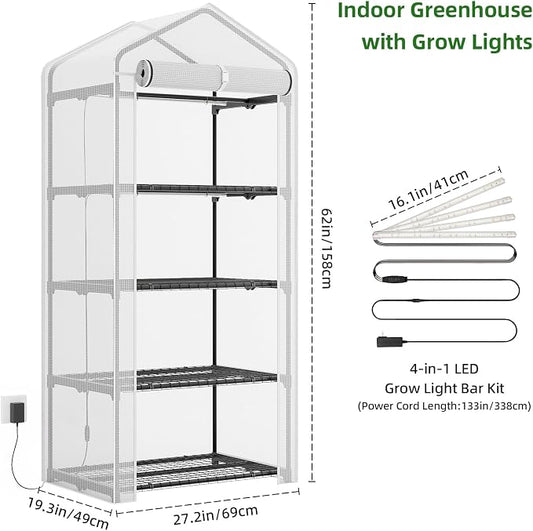Superlele Mini Greenhouse with Grow Light, 4 Tier Greenhouse for Indoor Outdoor, 27"x19"x62" Portable Plant Green House with 4pcs LED Grow Light, Grow Tent for Seedlings, Flowers & Herbs, White