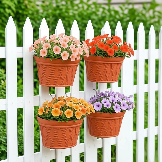 4 Pack Plastic Wall Hanging Planter, 11.4 In Plant Holder for Indoor Outdoor Plant, Large Wall Plant Pot with 8 Hooks Drainage Mesh, Railing Resin Pots for Vertical Garden Living Balcony Fence