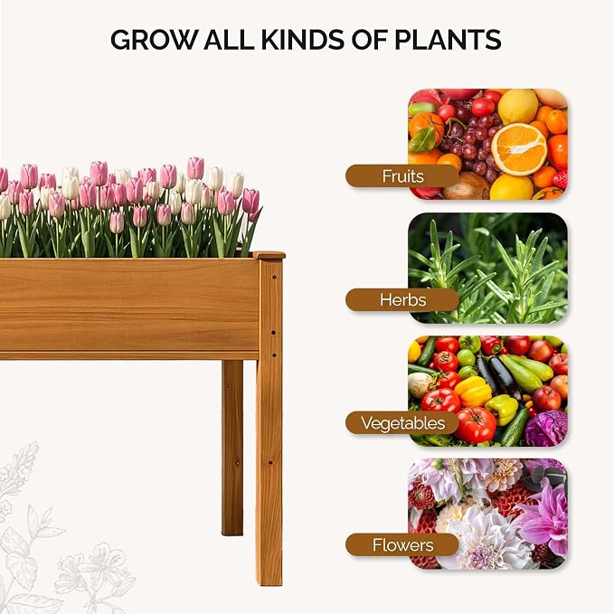 VINGLI 48"x24"x30" Elevated Raised Garden Bed with Bed Liner, Heavy Duty Wood Planter with Legs for Vegetables Fruits Potato Flower, Outdoor Sturdy Long Lasting Planter Box (Brown - no Wheel)
