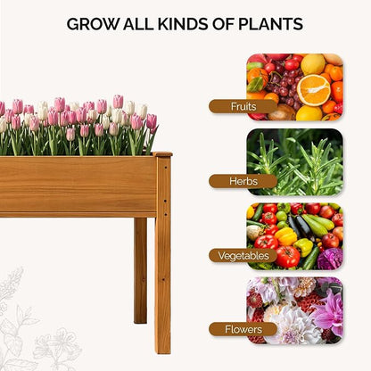 VINGLI 48"x24"x30" Elevated Raised Garden Bed with Bed Liner, Heavy Duty Wood Planter with Legs for Vegetables Fruits Potato Flower, Outdoor Sturdy Long Lasting Planter Box (Brown - no Wheel)