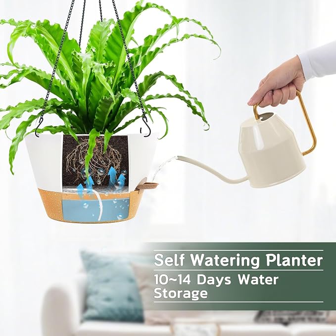 ZMTECH 12 Inch Hanging Planters for Indoor Plants, Modern White Self Watering Hanging Planter with Visible Water Level Window & Chain, Large Flower Pots for Outdoor Patio Decor