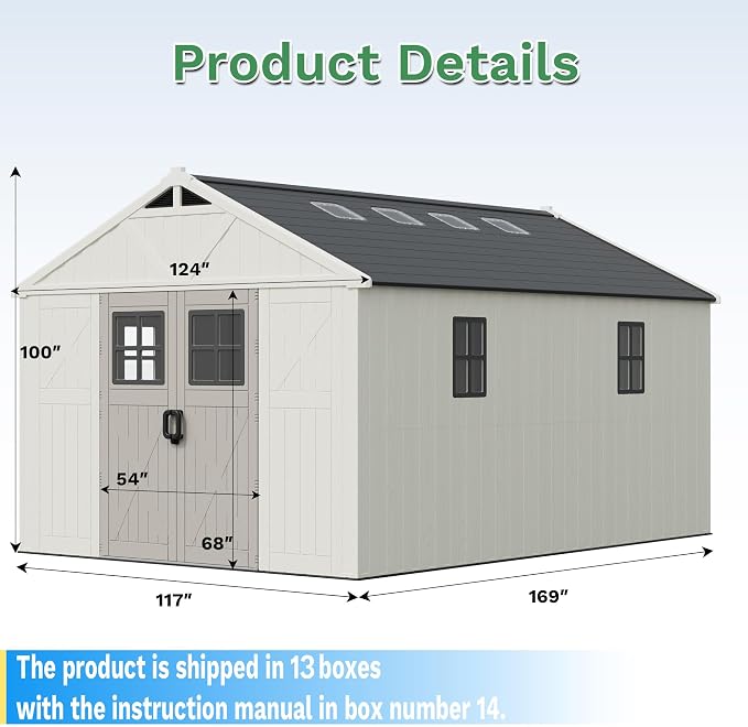 Greesum 10×14FT Plastic Outdoor Storage Shed with Floor and Lockable Door, Resin Sheds with 6-Windows and Multiple Skylights, HDPE Kick-it Shed for Garden, Patio, Backyard, Beige