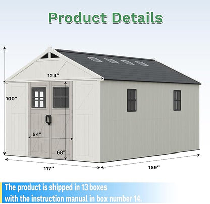 Greesum 10×14FT Plastic Outdoor Storage Shed with Floor and Lockable Door, Resin Sheds with 6-Windows and Multiple Skylights, HDPE Kick-it Shed for Garden, Patio, Backyard, Beige