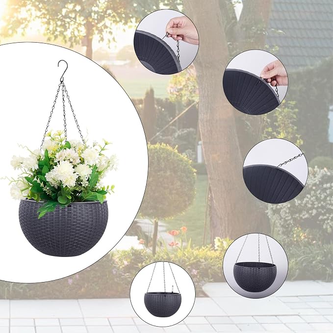 Vencer 11 Inch Round Resin Rattan Hanging Planters,Grey,VF-A15-G | Self Watering,Drain Hole,Metal Chain,Water Indicator,Indoor Outdoor