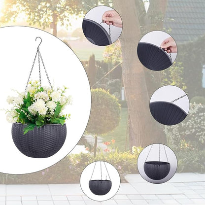 Vencer 11 Inch Round Resin Rattan Hanging Planters,Grey,VF-A15-G | Self Watering,Drain Hole,Metal Chain,Water Indicator,Indoor Outdoor