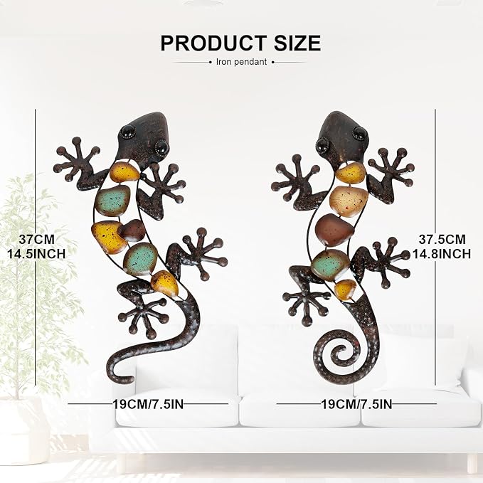 LIFFY Metal Gecko Wall Decor Large 2 Pack, Outdoor Lizard Wall Art, Metal Lizards Wall Decor, Gecko Wall Art for Home Garden Yard Fence(15inch)
