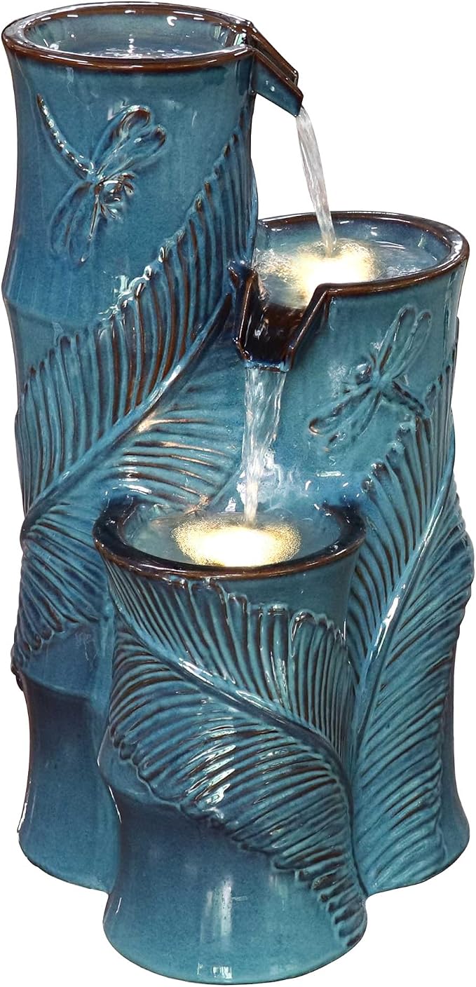 25.5" H Ceramic Outdoor Water Fountain with LED Lights, 3-Tier Cascading Bamboo-Style Water Feature, Teal Blue, Embossed Leaf & Dragonfly Patterns, Tranquil Waterfall for Garden, Patio & Yard
