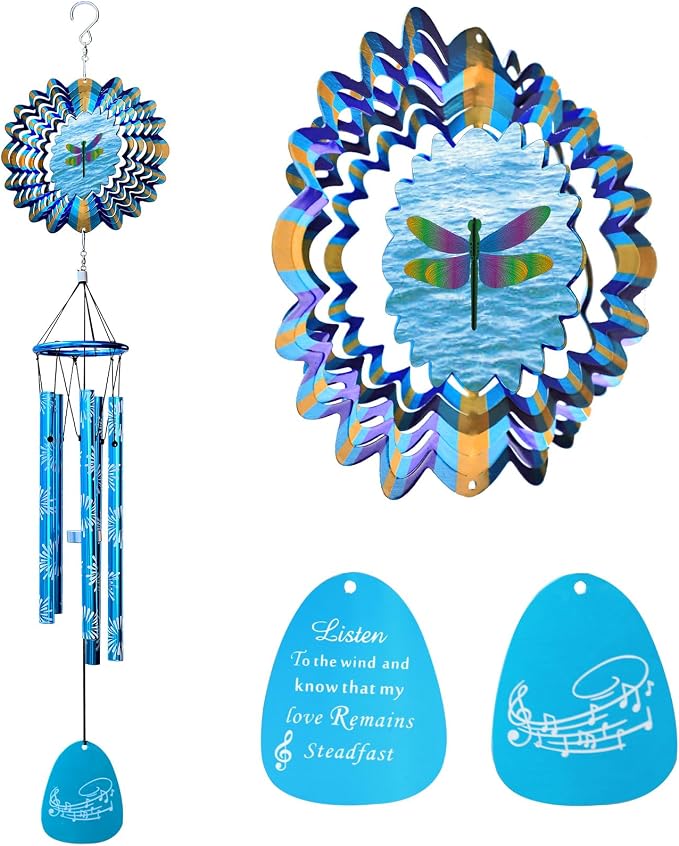 Wind Chimes Outdoor, Memorial Sympathy Wind Chime, 33" Unique Windchimes with Animated Dragonfly Spinner, Hanging Garden Decor Patio Decoration, Dragonfly Gifts for Women Men Mother Father
