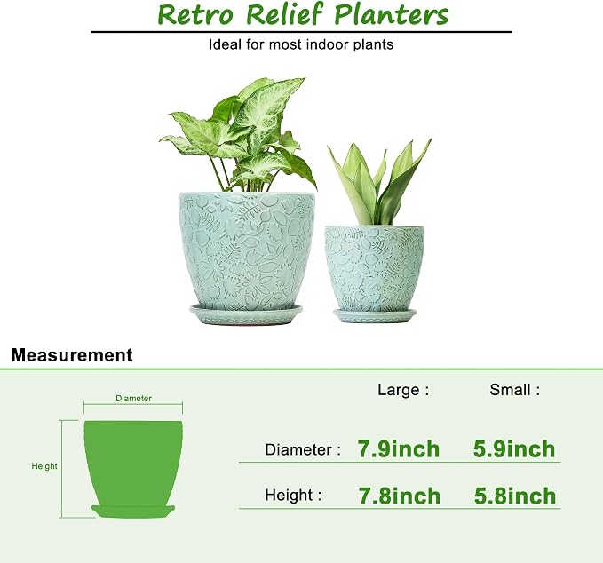 8 Inch + 6 Inch Plant Pots for Indoor Plants, Ceramic Planter with Drainage Hole and Saucers, Garden Pots for Succulent, Orchid, and Flower, Set of 2