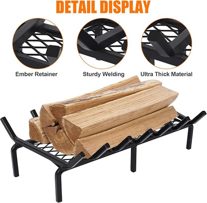 24 Inch Fireplace Grate with Ember Retainer,Cast Iron Fireplace Log Grate,Fireplace Log Holder,Heavy Duty Solid Steel Fireplace Wood Holder,Wood Stove Wrought Rack for Indoor Hearth Outdoor Fireplace