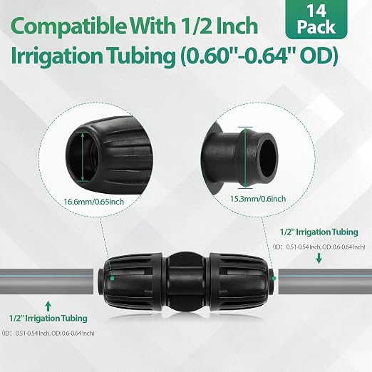 14 Pcs 1/2 Inch Irrigation Tubing Coupling Fittings, (1/2" ID x0.6-0.65" OD) 16mm Drip Tubing Barbed Locked Nuts Connectors Anti-Drop 1/2" Coupler Parts for Garden Lawn Irrigation System