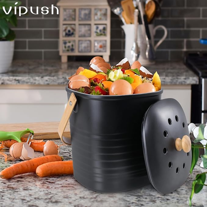 Vipush Compost Bin Kitchen Countertop Compost Bin with lid – Small Compost Bin Made of Sustainable Bamboo Fiber Includes Charcoal Filter, Black