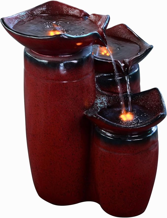 Teamson Home 3 Tiered Floor Water Glazed Pots Fountain with LED Lights and Pump for Outdoor Patio Garden Backyard Decking Décor, 20 inch Height, Gradient Red | Glazed Pots, LED Lights, Pump Included, Outdoor Patio Garden Backyard Decking Décor