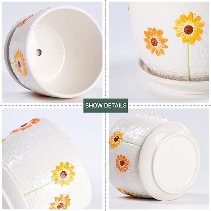 Ton Sin Ceramic Plant Pots for Indoor Houseplants, Cute Decorative Flower Planters with Drainage Holes & Matching Saucers, Hand-Painted Yellow Sunflower Design, 6.7/5.5/4.3 Inch Sizes