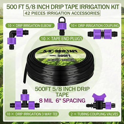 Tondiamo 500' 5/8 Inch Drip Tape Irrigation Tubing Kit 8 Mil 6" Spacing Garden Hose Watering Tube Line Automatic Equipment for Garden Irrigation System Farms, Landscape, Lawn