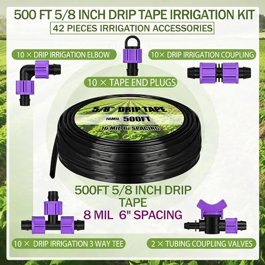 Tondiamo 500' 5/8 Inch Drip Tape Irrigation Tubing Kit 8 Mil 6" Spacing Garden Hose Watering Tube Line Automatic Equipment for Garden Irrigation System Farms, Landscape, Lawn