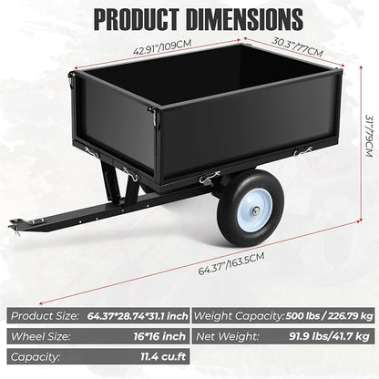GarveeTech Heavy Duty Steel Dump Trailer, 500 LBS/11.4 Cu.Ft Capacity Garden Dump Cart for Lawn Mower, Utility Trailer with Removeable Rear Panel, Designed for Tractor, ATV, UTV, Black