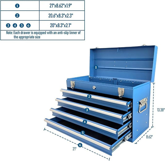 4 Drawers Metal Tool Box, 21'' Portable Metal Tool Box with EVA Liners & Auto-Locking Mechanism, Heavy Duty Steel Tool Chest with Ball-Bearing Drawer Slides & Convenient Top Handle, Blue