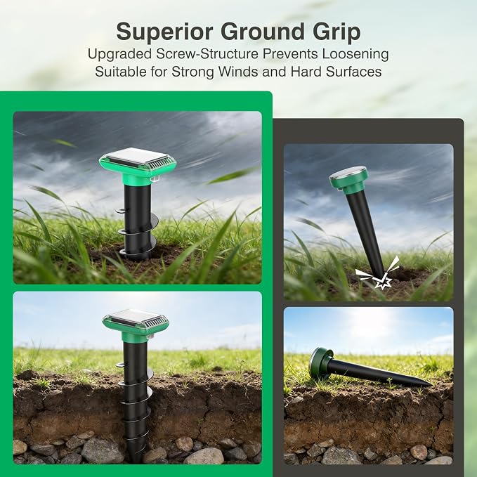 Mole Repellent Solar Powered, Snake Repellent for Yard, Squirrel Repellent Outdoor, Ultrasonic Deterrent Stakes, Get Rid for Gopher, Vole, Deer, Groundhog for Lawns Garden, 4 Pack, Green