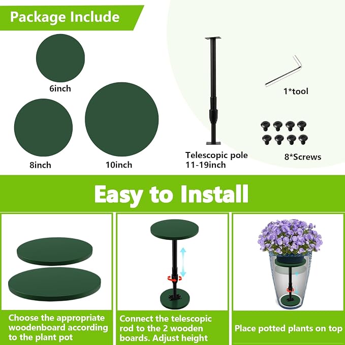 Axcoix Adjustable Height Plant Risers for Inside Pots, 12-21" Wooden Planter Inserts for Large Pots Sturdy Support, Planter Lift Insert for Tall Square Round Taper Planters (6" 8" 10" Base or Top)