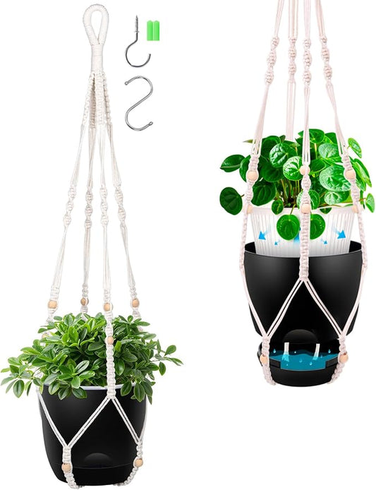QCQHDU 2-Pack 5.7-Inch Macrame Self-Watering Hanging Planters, Pure Black | Small Plant Pots, Indoor & Outdoor, With Drainage, Two Sets of Hooks