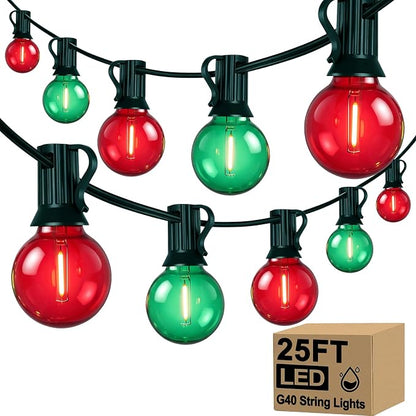 G40 LED Outdoor Christmas String Lights, 25FT Hanging Globe String Light | 25+2 Shatterproof Clear Red Green Lights, Connectable, Waterproof Patio Lights for Balcony Pergola Decor, Green Wire