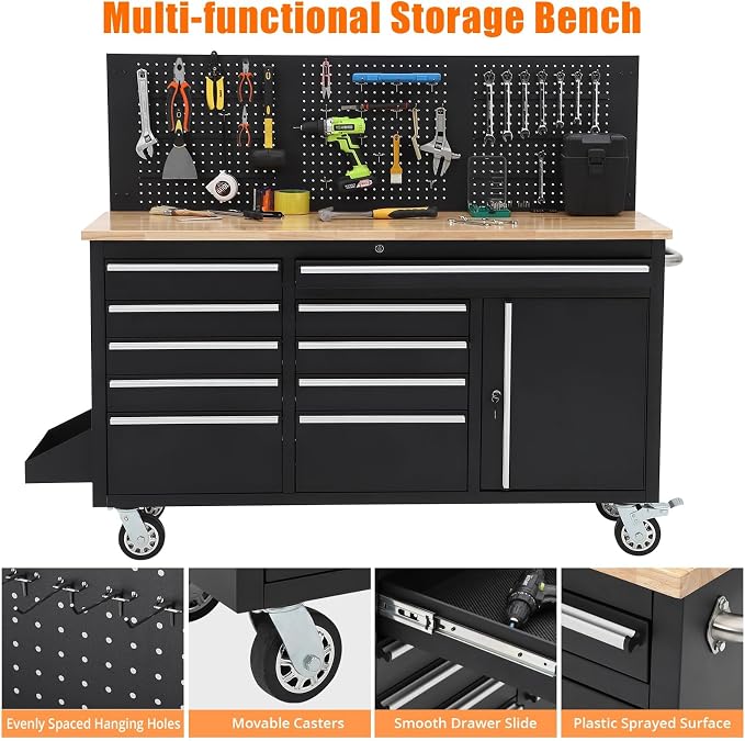 GarveeTech 61-Inch Heavy Duty Rolling Tool Chest with 10 Drawers and Solid Rubber Wood Top Mobile Workstation, 1675 LBS Load, Includes Power Strip, Locking System for Garage Warehouse Repair Shop