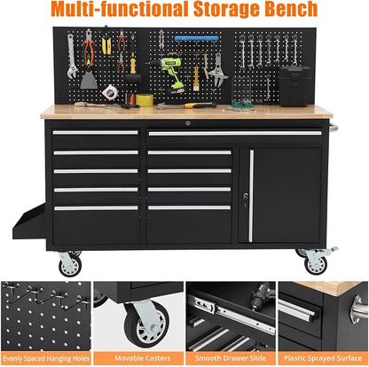 GarveeTech 61-Inch Heavy Duty Rolling Tool Chest with 10 Drawers and Solid Rubber Wood Top Mobile Workstation, 1675 LBS Load, Includes Power Strip, Locking System for Garage Warehouse Repair Shop