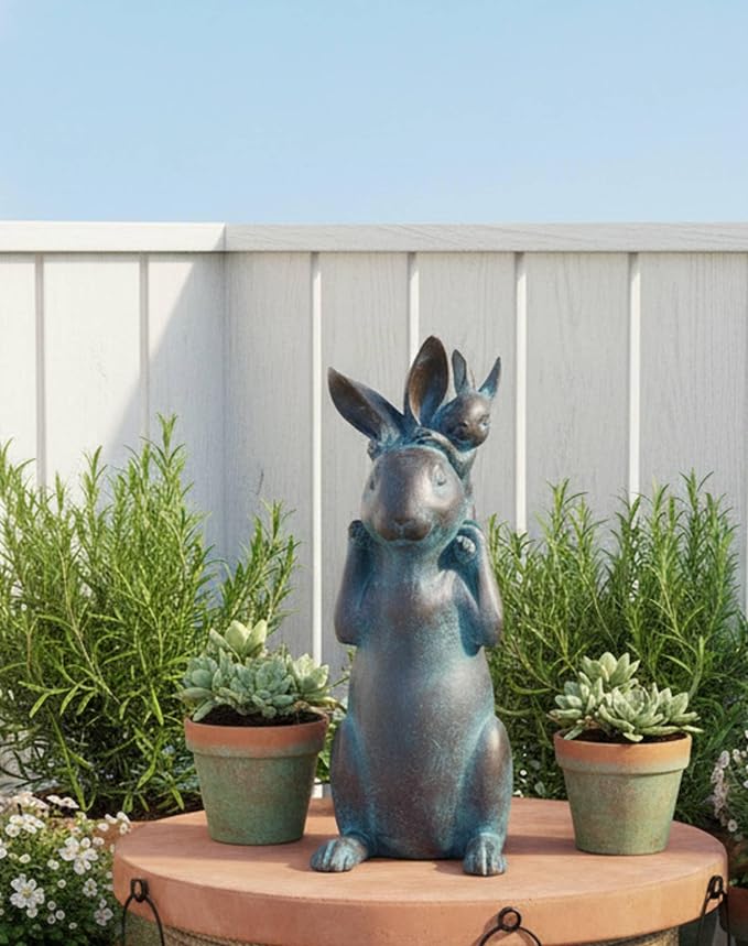 Rabbit Garden Statues Bunny Decorations - Easter Bunny Father with Baby Figurine Easter Gift Dark Gray Garden Spring Bunny Sulpture for Yard Framhouse Outdoor Décor 7*5.25*15.25 in Newman House Studio