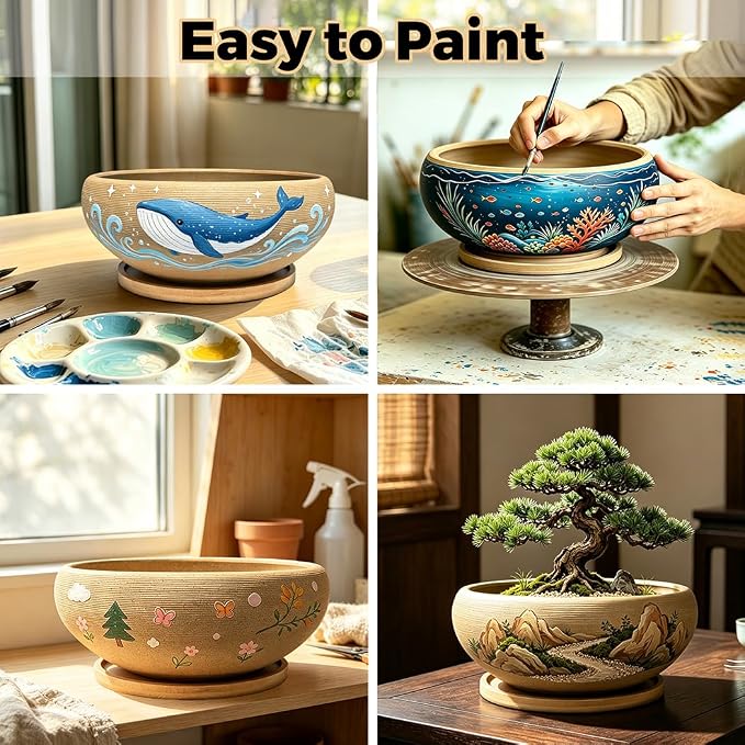 MUZHI 8 inch Round Unglazed Ceramic Bonsai Pot with Bamboo Tray, Shallow Plain Pottery Succulent Planter with Drainage Hole (8”)