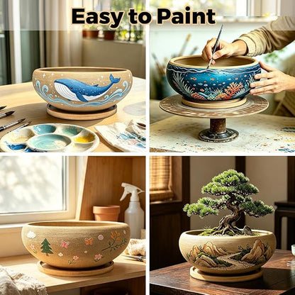 MUZHI 8 inch Round Unglazed Ceramic Bonsai Pot with Bamboo Tray, Shallow Plain Pottery Succulent Planter with Drainage Hole (8”)
