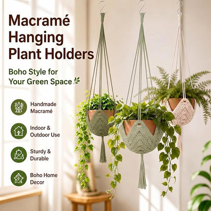 Shappy 3 Pack Boho Macrame Plant Hanger, Large Hanging Planter Plant Holder Pot Hanger Hanging Basket Wall Planters, Plants Lover Gift for Indoor Garden (Classic,Avocado Green,Bean Green,Cream)